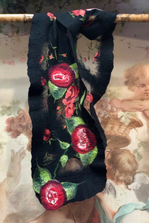 Agnes Foss - Felted Merino Scarf / Wrap - Crimson Roses on Black Background with Silk Inserts